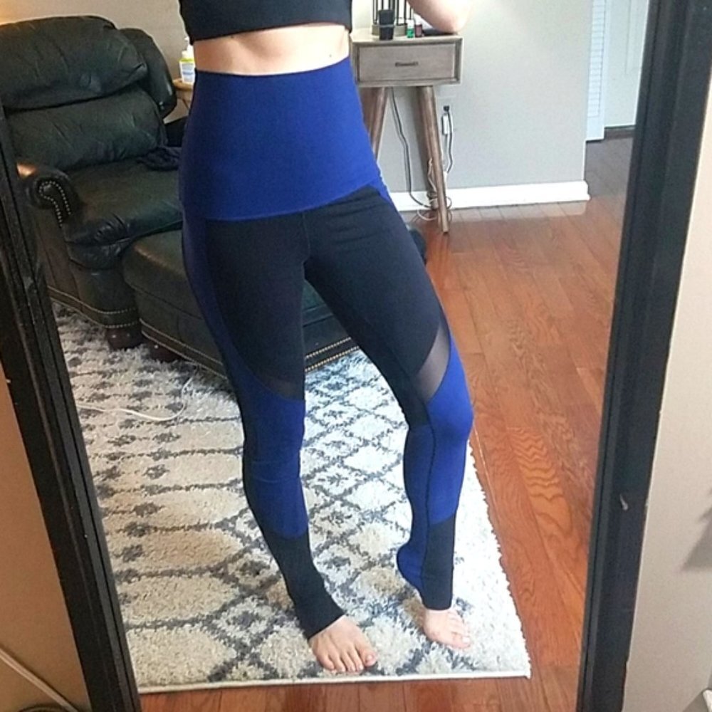 High-Waist Colorblock Workout Leggings - Blue/Black